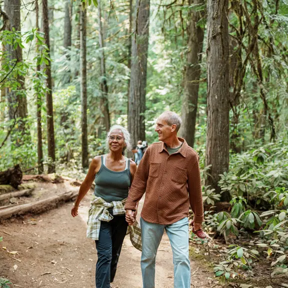 Een koppel die met pensions is is aan het wandelen in een tropisch bos